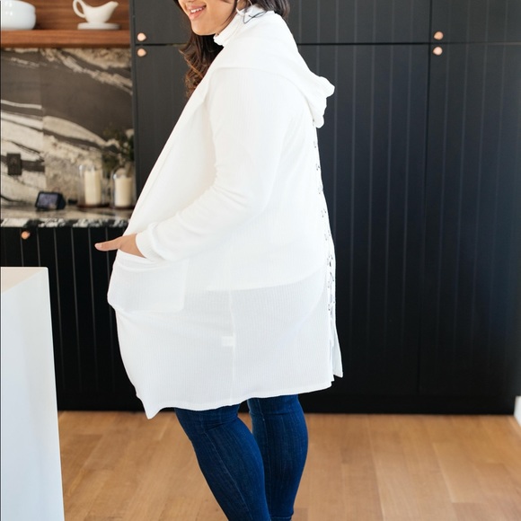 Hooded and Laced Waffle Knit Cardigan in Off White - Picture 6 of 11